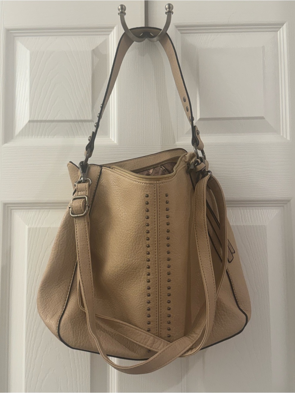 Wrangler by Montana West Studded Vegan Leather Hobo Crossbody Bag Beige